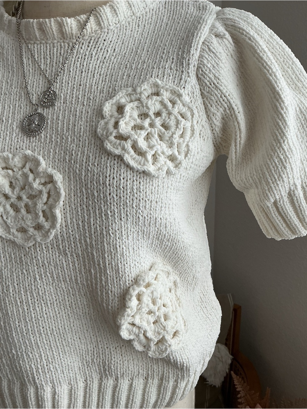 Joie Cream Crochet Flower Puff-Sleeve Knit Top - Picture 3 of 8